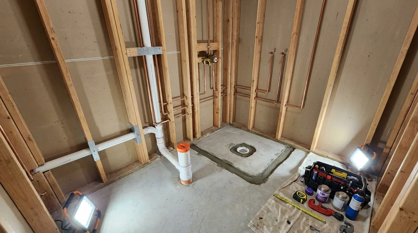 Bathroom rough-in plumbing during remodel by Johns Plumbing LLC in Big Pine