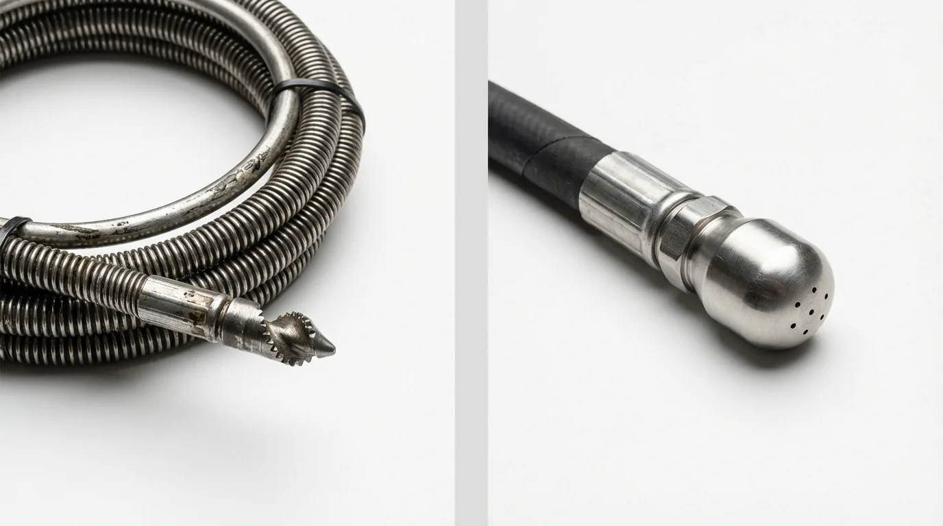 Drain snake cable and hydro jetting nozzle used for drain cleaning in Big Pine, CA