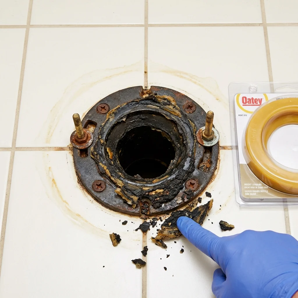 Failed wax ring showing water seepage at the base of a toilet in a Big Pine, CA home